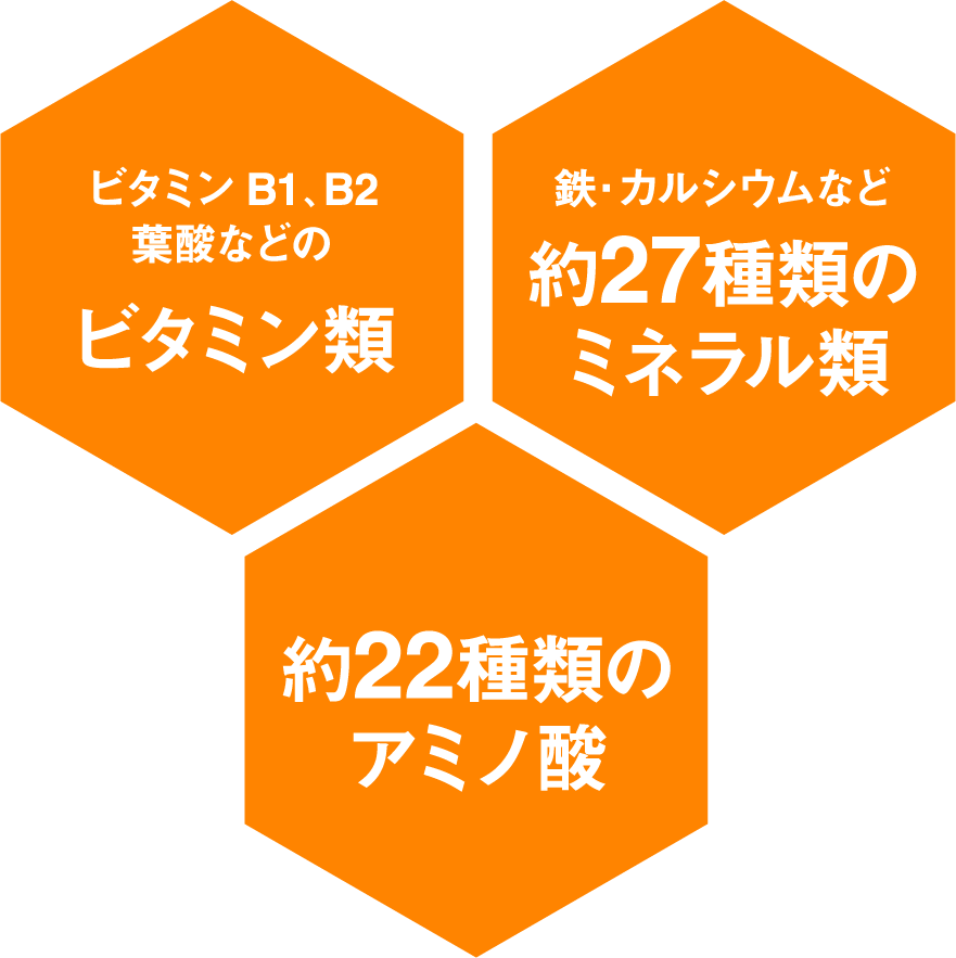 ビタミンB1、B2葉酸などのビタミン類 約27種類のミネラル類 約22種類のアミノ酸